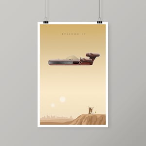 May include: A minimalist poster with a brown and beige color scheme featuring a spaceship from Star Wars Episode IV: A New Hope. The text "EPISODE IV" is at the top of the poster.
