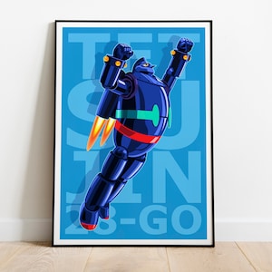 May include: A blue and red robot with jetpacks flying against a blue background. The text "Tetsujin 28-Go" is printed in white on the background.