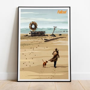Könnte beinhalten: Gerahmtes Poster mit einer Wüstenlandschaft, einer Person und einem Hund, die auf ein verfallenes Gebäude zugehen. Das Wort "Fallout" ist orangefarben dargestellt. Das Kunstwerk hat ein Vintage-Postapokalypse-Thema.