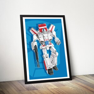 May include: A white, red, and blue robot with wings and a gun. The robot is standing on a blue background.