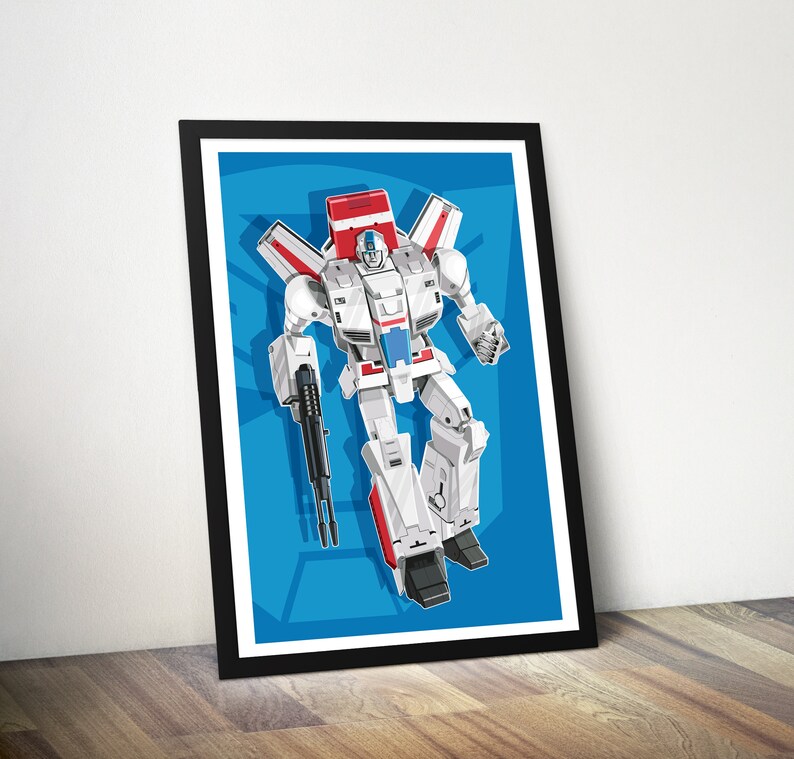 May include: A white, red, and blue robot with wings and a gun. The robot is standing on a blue background.