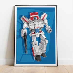 May include: A white, red, and blue robot with wings, holding two guns, against a blue background.