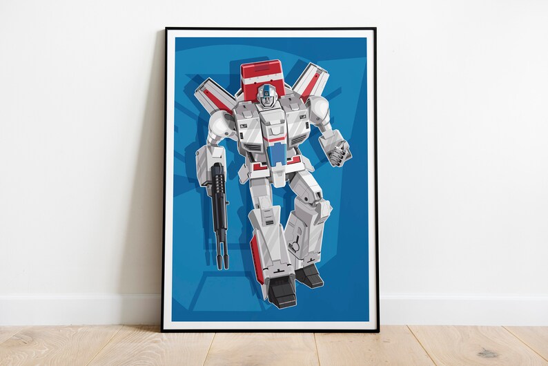 May include: A white, red, and blue robot with wings, holding two guns, against a blue background.
