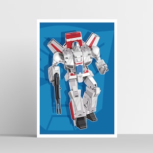 May include: A white, red, and blue robot with wings, standing on a blue background. The robot has a gun in its right hand.