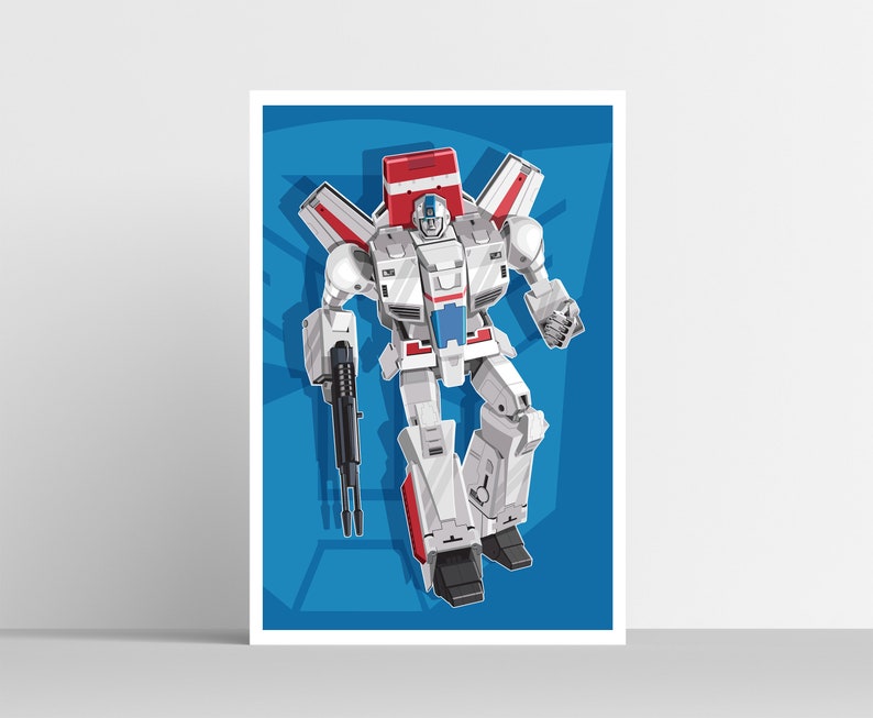 May include: A white, red, and blue robot with wings, standing on a blue background. The robot has a gun in its right hand.