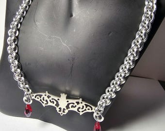 Handmade Aluminum Chainmail Choker: Goth Bat Pendant, Red Glass Beads