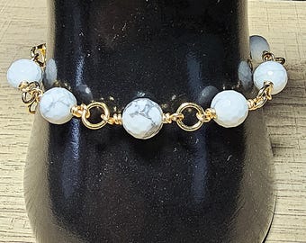 Handmade Faceted Howlite Bracelet: 14k Gold Plated Wire