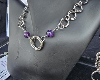Handmade Amethyst Chainmail Necklace: Stainless Steel Mobius Flower Choker