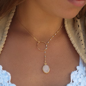 Oval White Druzy Lariat Necklace * Gold * Silver * Mix Metals * Gemstone * Statement * Bycila *Bridesmaid * BJN055