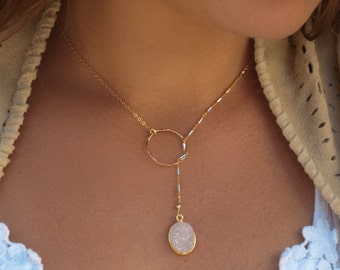 Oval White Druzy Lariat Necklace * Gold * Silver * Mix Metals * Gemstone * Statement * Bycila *Bridesmaid * BJN055