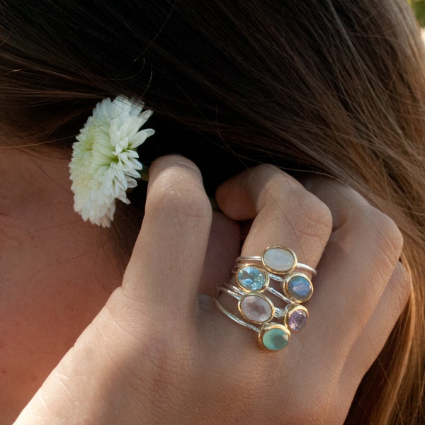 Gemstone Ring * Silver Ring * Blue Topaz * Teal Chalcedony * Moonstone * Amethyst * Labradorite * Stackable * Aqua * Rose Quartz * BJR080