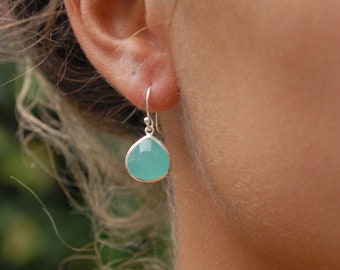 Gemstone dagger earrings triangle bezel set gemstone earrings Aqua Chalcedony Earrings silver flower earrings Art Deco flower earrings