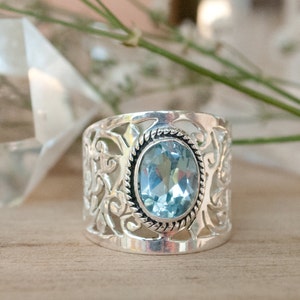 Blue Topaz Ring * Sterling Silver 925 * Filigree * Gemstone * Statement * Jewelry * Bycila * Gift For Her * Large Band BJR187