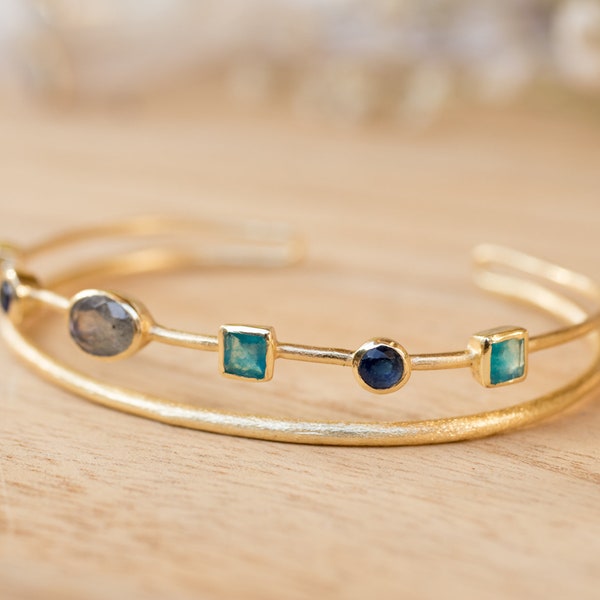 Labradorite, Green White Jade, Sapphire hydro * Bangle Bracelet * Gold Plated and Silver Plated * Gemstone * Adjustable *Statement * BJB031A