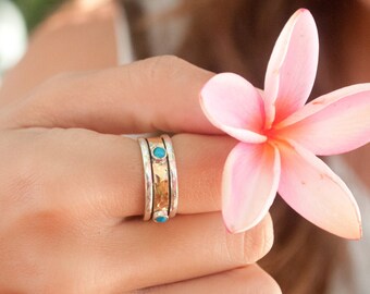 Green Turquoise Spinner Ring~Spinning~Spin~Meditation~Yoga~Anxiety~Anti Stress~Large Band~Sterling Silver 925~Mix Metals~Copper~Bronze~MS002