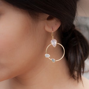 Rose Quartz, Labradorite & Moonstone Dangle Earrings Gold Plated Gemstone Earrings ByCila Handmade Boho Modern Dangle BJE120 image 1