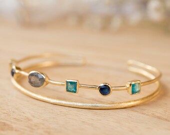 Labradorite, Green White Jade, Sapphire hydro * Bangle Bracelet * Gold Plated and Silver Plated * Gemstone * Adjustable *Statement * BJB031A