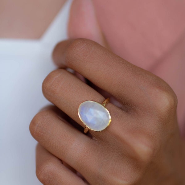 Moonstone Gold Plated Ring *  Statement Ring * Gemstone Ring * Rainbow Moonstone * Gold Ring  * BJR241