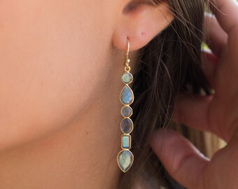 Labradorite Gold Long Earrings * Gold Plated 18K* Gemstone * Earrings * Handmade * Boho * Dangle * Modern BJE125