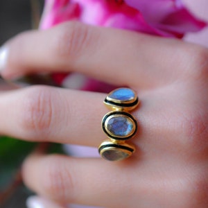 Labradorite Ring * 18k Gold Plated Ring * Statement Ring *Gemstone Ring * handmade * Black details * BohoBlack details * BJR127