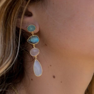 Aqua Chalcedony, Labradorite, Rose Quartz & Moonstone Earrings * Earrings Gold Plated 18k* Multi-stones * Gold * Handmade Gemstone * BJE090
