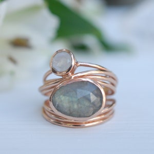 Rose Gold Plated  Ring* Labradorite * Moonstone * Gemstones * Handmade *Statement * Natural * Organic * Gift for her * Jewelry*Bycila*BJR075