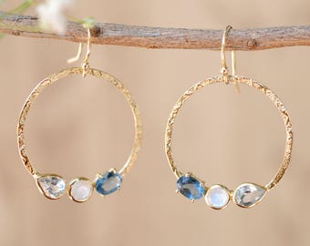 Blue Topaz, Rainbow Moonstone & Iolite Hydro Earrings * Geometric * Empty Circle * Handmade Gemstone * Dangle * Gold *Bohemian* Boho BJE092