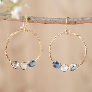 Blue Topaz, Rainbow Moonstone & Iolite Hydro Earrings * Geometric * Empty Circle * Handmade Gemstone * Dangle * Gold *Bohemian* Boho BJE092