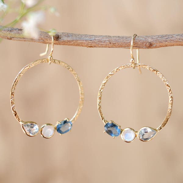 Blue Topaz, Rainbow Moonstone & Iolite Hydro Earrings * Geometric * Empty Circle * Handmade Gemstone * Dangle * Gold *Bohemian* Boho BJE092