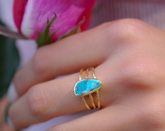Turquoise Ring *Gold Plated Ring*Statement Ring *Gemstone Ring *Copper Turquoise Ring* Natural *Organic Ring * ByCila*Blue Ring *BJR051
