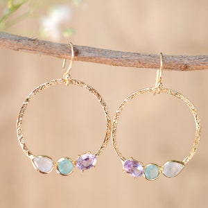 Rainbow Moonstone, Aqua Chalcedony & Amethyst  Earrings Gold Plated* Geometric * Empty Circle * Handmade Gemstone * Dangle * Gold * BJE093