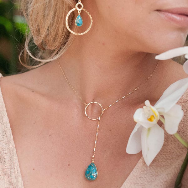 Copper Turquoise * Tear Drop * Lariat Necklace * Gold * Silver * Mix Metals * Gemstone * Statement * Bycila *Bridesmaid * BJN001-6E