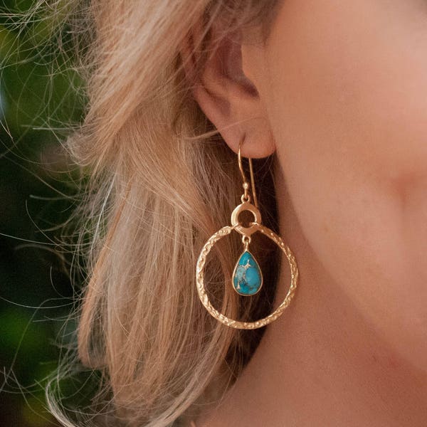 Copper Turquoise Gold Plated 18k Earrings * Geometric * Empty Circle * Handmade Gemstone * ByCila* Tear Drop * Dangle  * Boho * Gift* BJE022