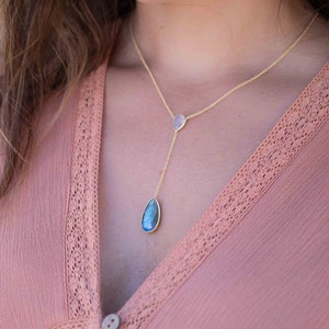 Moonstone & Labradorite Y Necklace* Gold Plated 18K Necklace * Handmade * Layered * Bridesmaid Gift *Gift for her* BJN021