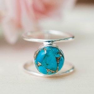 Turquoise Ring Sterling Silver 925 Statement Gemstone Copper Turquoise Organic Ocean Blue Natural Handmade Thin Band BJR002 image 1