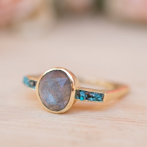 Moonstone & Mosaic Turquoise Square Ring 18k Gold Plated - Etsy