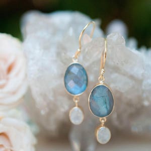 Labradorite & Moonstone Gold Earrings * Handmade * Gemstone * Oval * Dangle * Gold *Modern * ByCila BJE071