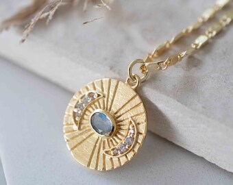 Half Moon CZ and Labradorite, Moonstone or Copper Turquoise Necklace  *Gold Plated 18k *Handmade * Bohemian * Layered *Modern * BJN145