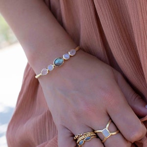 Moonstone,Labradorite & Rose Quartz Bangle Bracelet * Gold Plated * Gemstone * Adjustable * BJB041