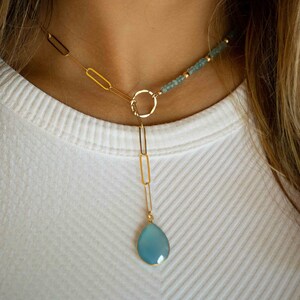 Aqua Chalcedony * Tear Drop * Lariat Necklace * Gold * Gemstone * Statement * Bycila *Bridesmaid * BJN050