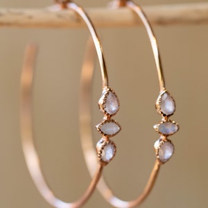 Rose Quartz & Moonstone Hoop Gold, Silver or Rose Gold Earrings *Gemstone *Stud* Post*ByCila *Handmade *Loop * Large Earrings * BJE015C