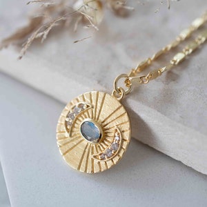 Half Moon CZ and Labradorite, Moonstone or Copper Turquoise Necklace  *Gold Plated 18k *Handmade * Bohemian * Layered *Modern * BJN145