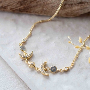 Half Moon Labradorite, Rose Quartz or Moonstone CZ Necklace * Gold Plated * Handmade * Minimalist * Layered * Gemstone * Birthstone * BJN157