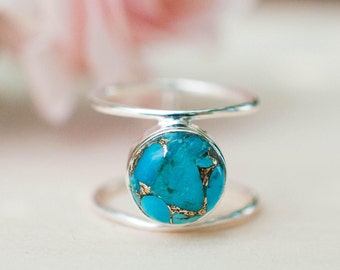 Turquoise Ring * Sterling Silver 925* Statement * Gemstone * Copper Turquoise * Organic * Ocean * Blue * Natural* Handmade* Thin Band BJR002