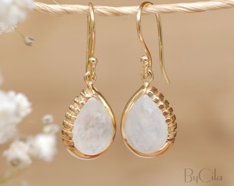 Moonstone Earrings Dangle Gold Plated 18k* Gemstone * Statement  * handmade * Every day * Lightweight * bohemian * BJE012