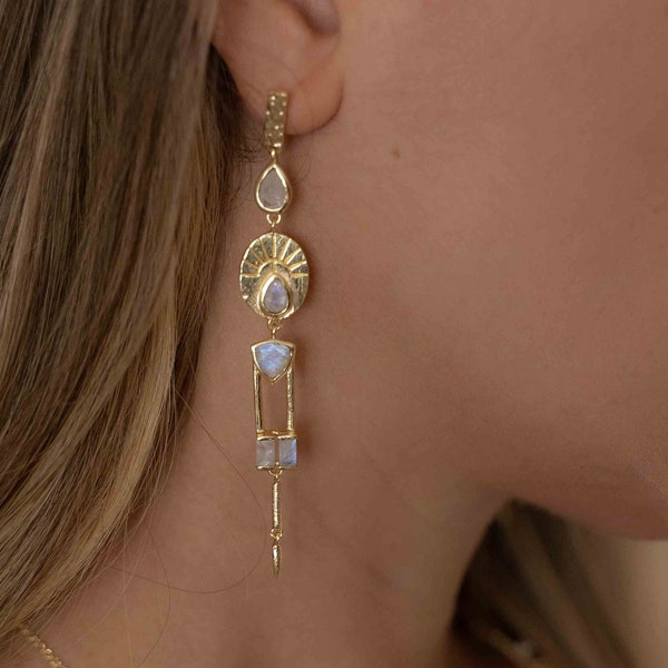 Moonstone Stud  Earrings Gold Plated 18k* Gemstone * Statement  * handmade * Every day * Long * bohemian * BJE190