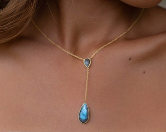 Labradorite, Aqua Chalcedony or Moonstone Y Necklace * Gold Plated 18K Necklace * Handmade * Layered * Bridesmaid Gift *Gift for her* BJN043