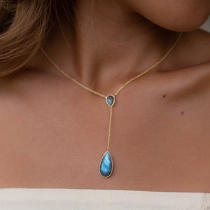 Labradorite, Aqua Chalcedony or Moonstone Y Necklace * Gold Plated 18K Necklace * Handmade * Layered * Bridesmaid Gift *Gift for her* BJN043