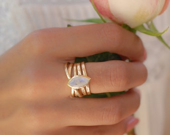 Moonstone Gold Plated Ring *  Statement Ring * Gemstone Ring * Rainbow Moonstone * Gold Ring  * BJR128