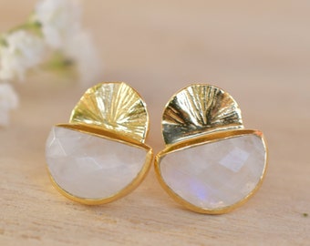 Moonstone Stud Earrings Gold Plated 18k or Sterling Silver 925 * Gemstone * Earrings * Rainbow Moonstone * Handmade * Boho * Modern * BJE158